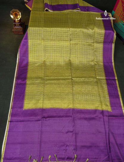 Semi Tussar Saree -Olive Green Colour Body With Contrast Purple Border