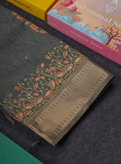 Beautiful Brown Embroidery Work Tissue Kota Cotton Fancy Saree With Self Blouse
