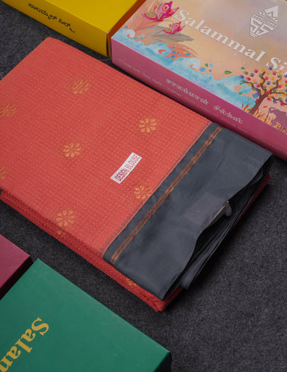 Beautiful Peach Tiny Zari Checks Kota Cotton Saree With Contrast Grey Border