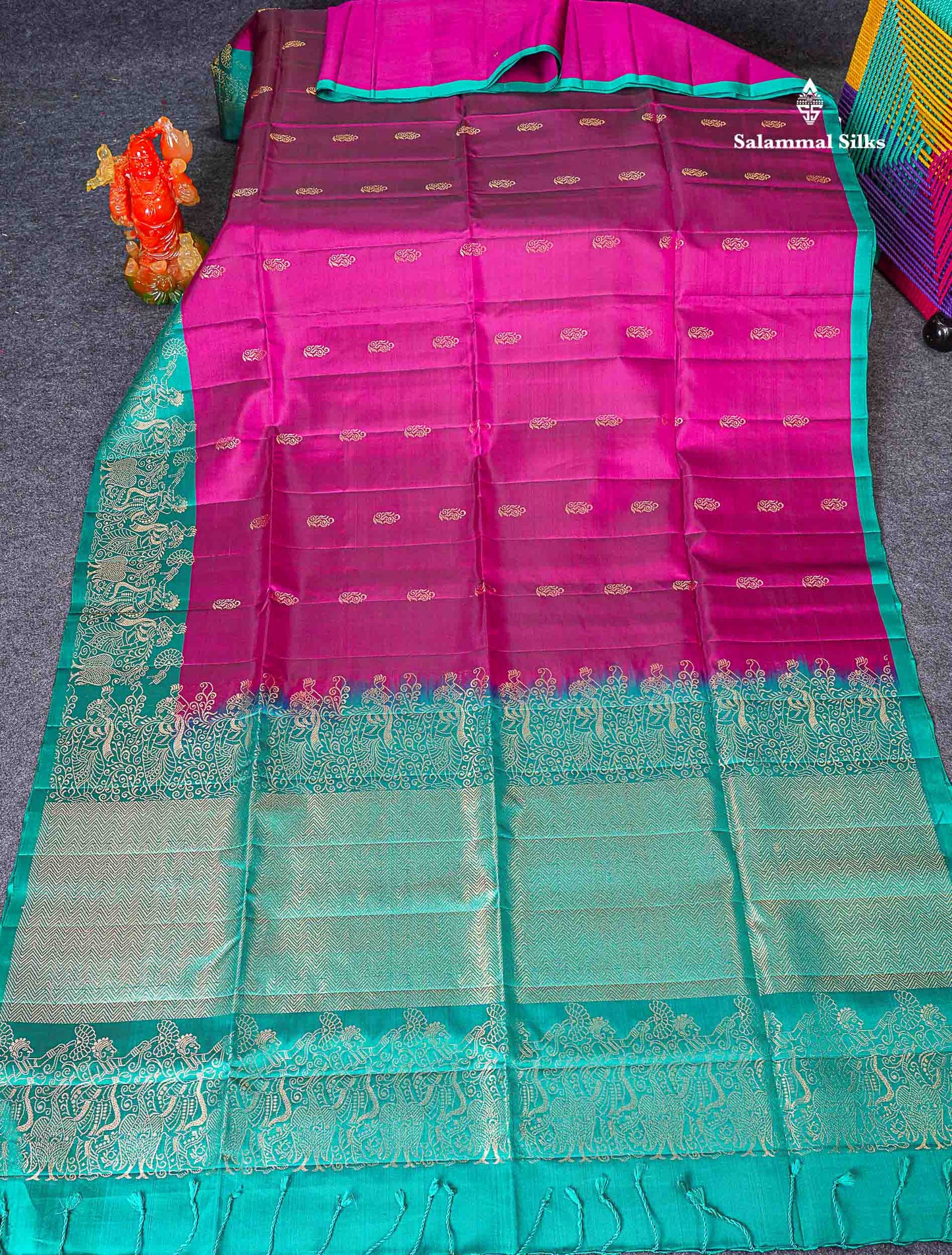 PureMix Soft Silk Saree - Magenta Colour Body With Contrast Teal Green Fancy Border