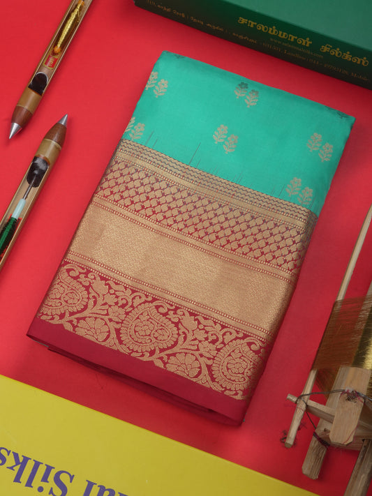 Kanjivaram Pure Silk Saree Sea Green With Maroon Blouse