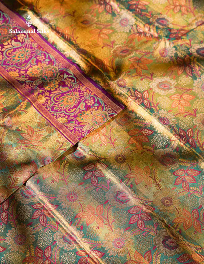 Beautiful Sapphire Green Tissue Meenakari Work Bridal Pure Kanjivaram Silk Saree With Contrast Vadamalli Fancy Border
