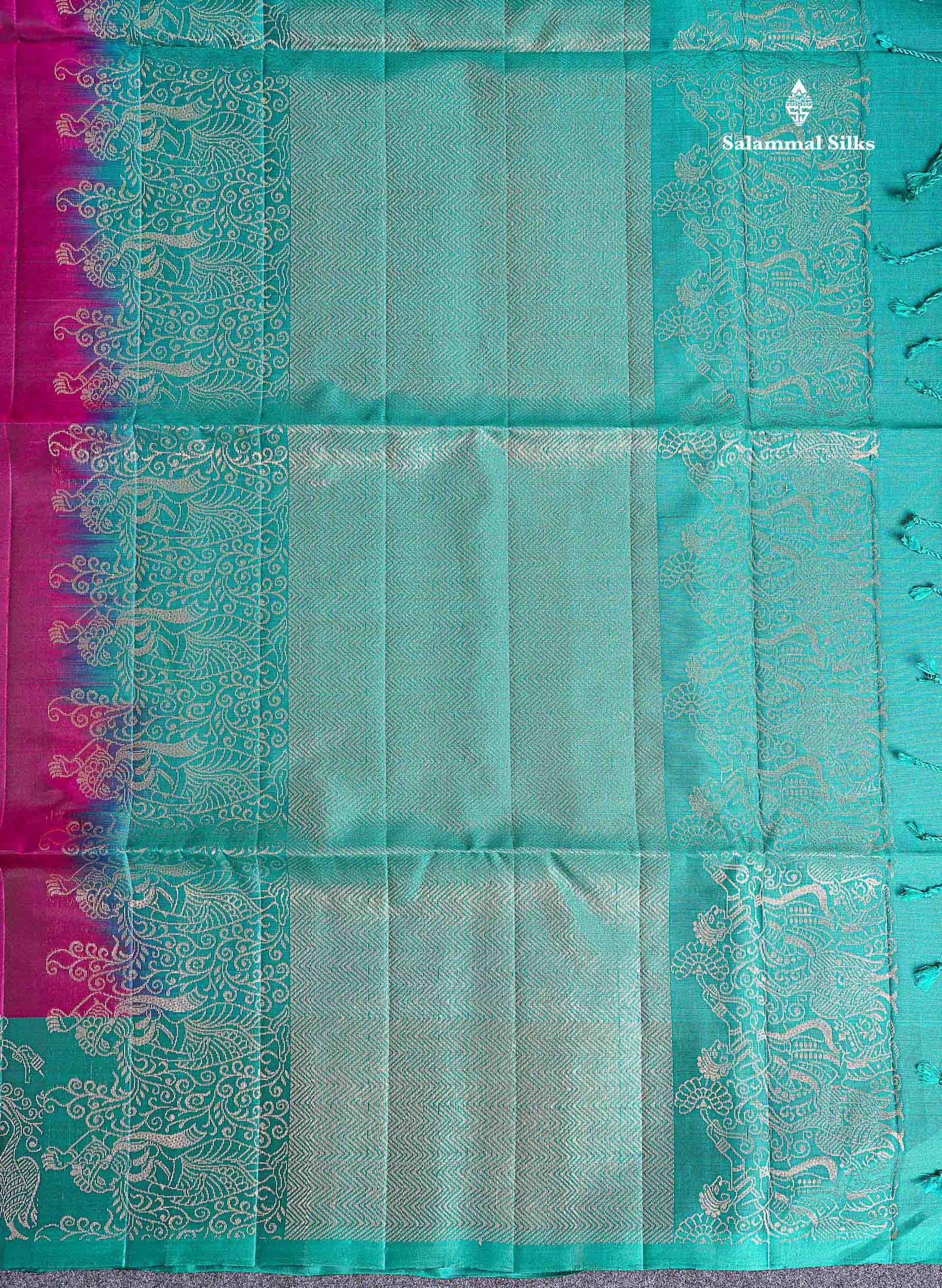 PureMix Soft Silk Saree - Magenta Colour Body With Contrast Teal Green Fancy Border