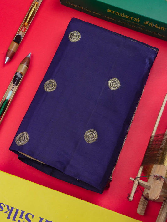 Kanjivaram Navy Blue Fancy Pure Silk Saree With Sapphire Green Blouse