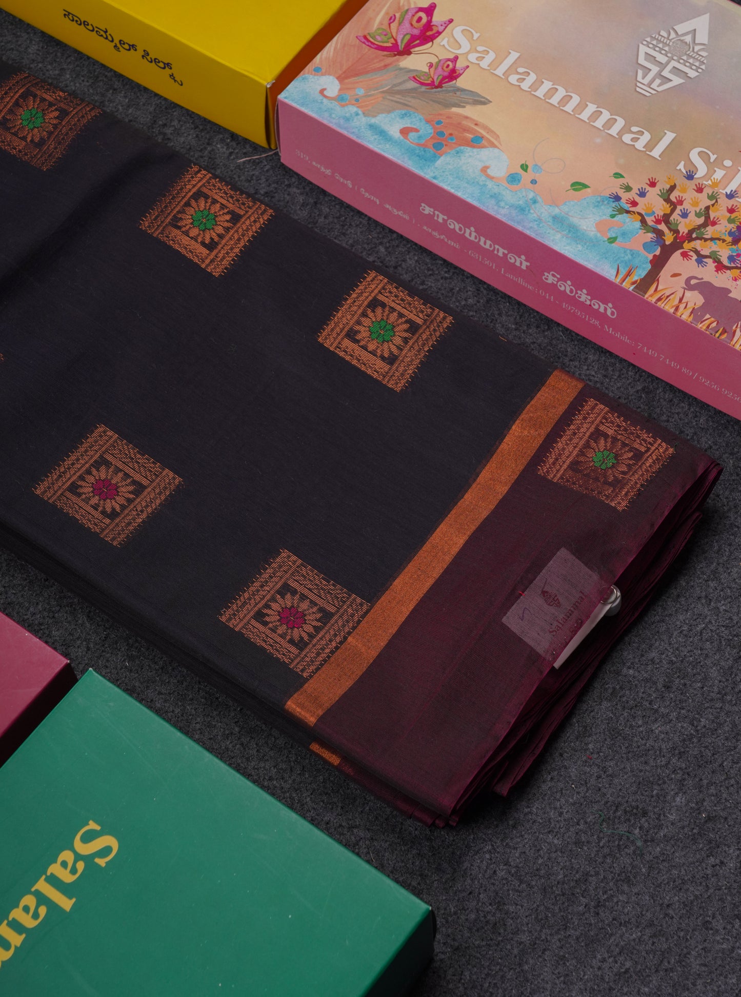 Beautiful Black Menakari Work SICO Cotton Saree With Contrast Magenta Border