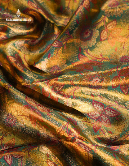 Beautiful Sapphire Green Tissue Meenakari Work Bridal Pure Kanjivaram Silk Saree With Contrast Vadamalli Fancy Border