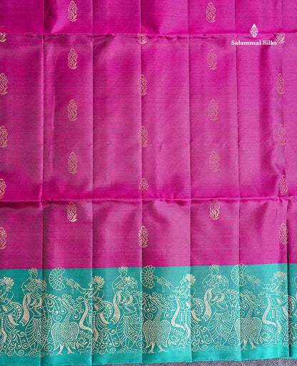 PureMix Soft Silk Saree - Magenta Colour Body With Contrast Teal Green Fancy Border