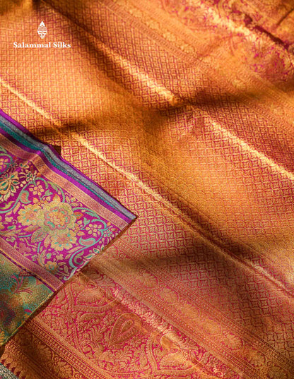 Beautiful Sapphire Green Tissue Meenakari Work Bridal Pure Kanjivaram Silk Saree With Contrast Vadamalli Fancy Border