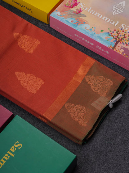 Beautiful Orange SICO Cotton Saree With Contrast Bottle Green Blouse