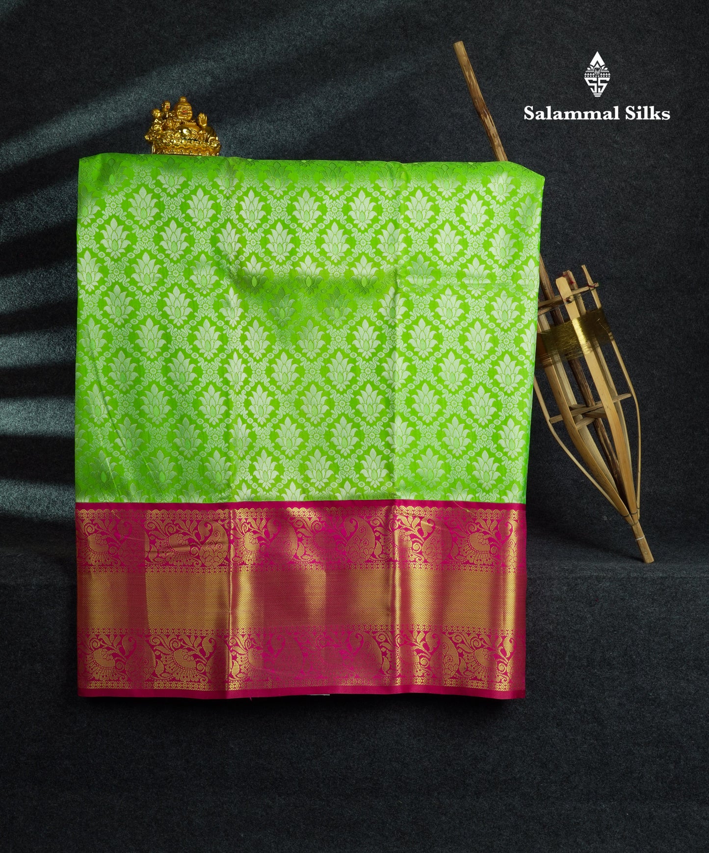 Semi Silk Pattu Pavadai ( Parrot Green ) With Pink Blouse  44"