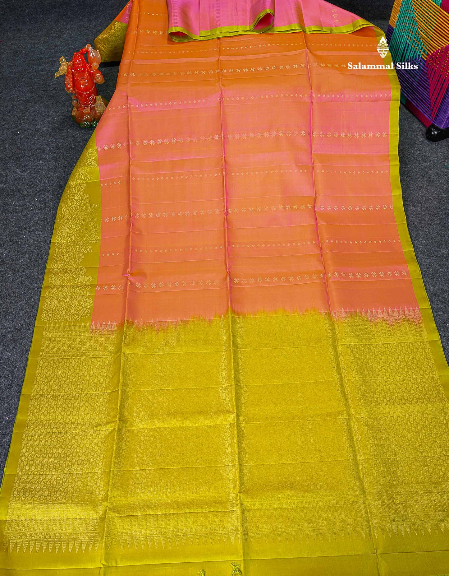 Pure Mix Soft Silk Saree - Pinkish Peach Colour Body With Contrast Manthulir Green Fancy Border