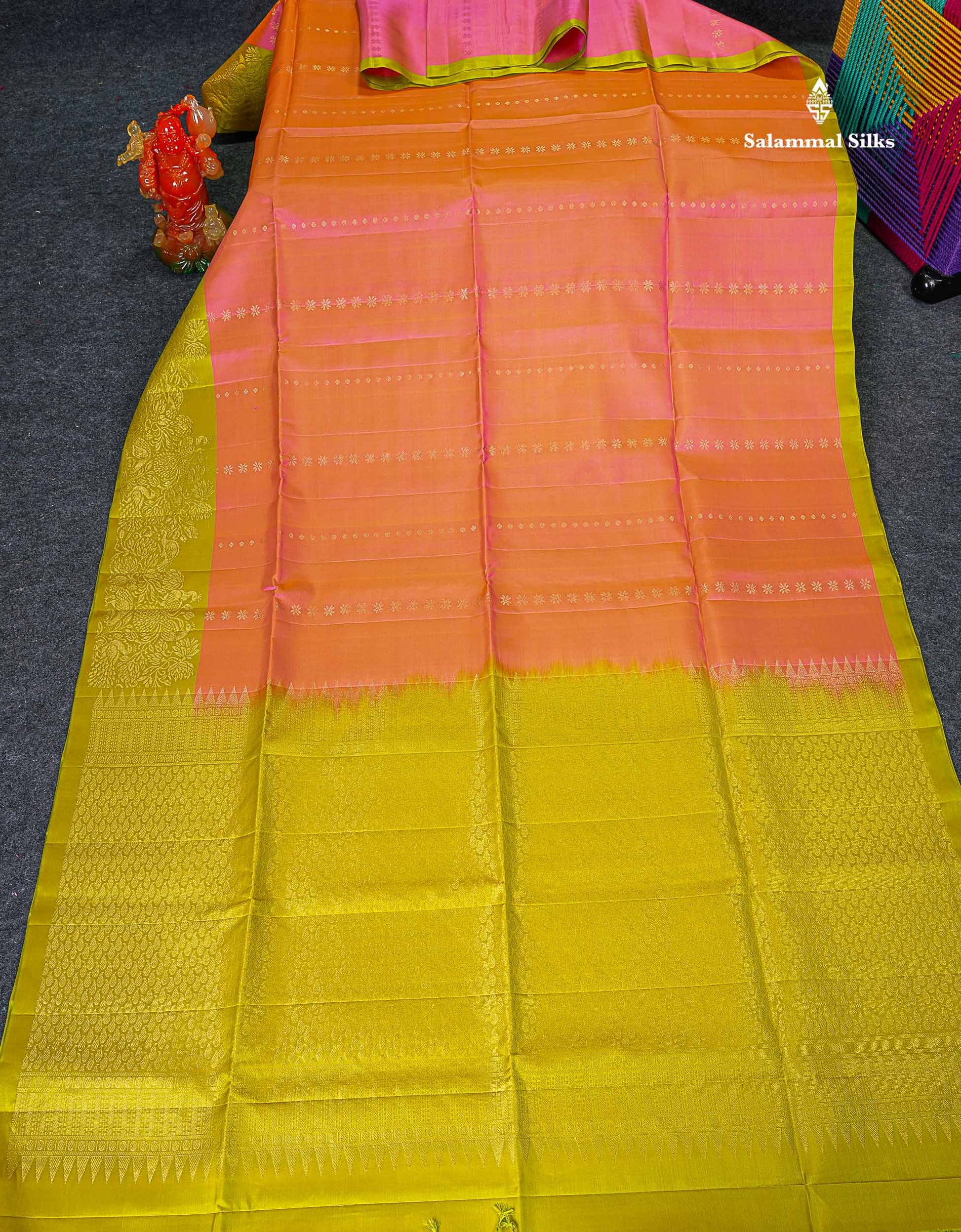Pure Mix Soft Silk Saree - Pinkish Peach Colour Body With Contrast Manthulir Green Fancy Border