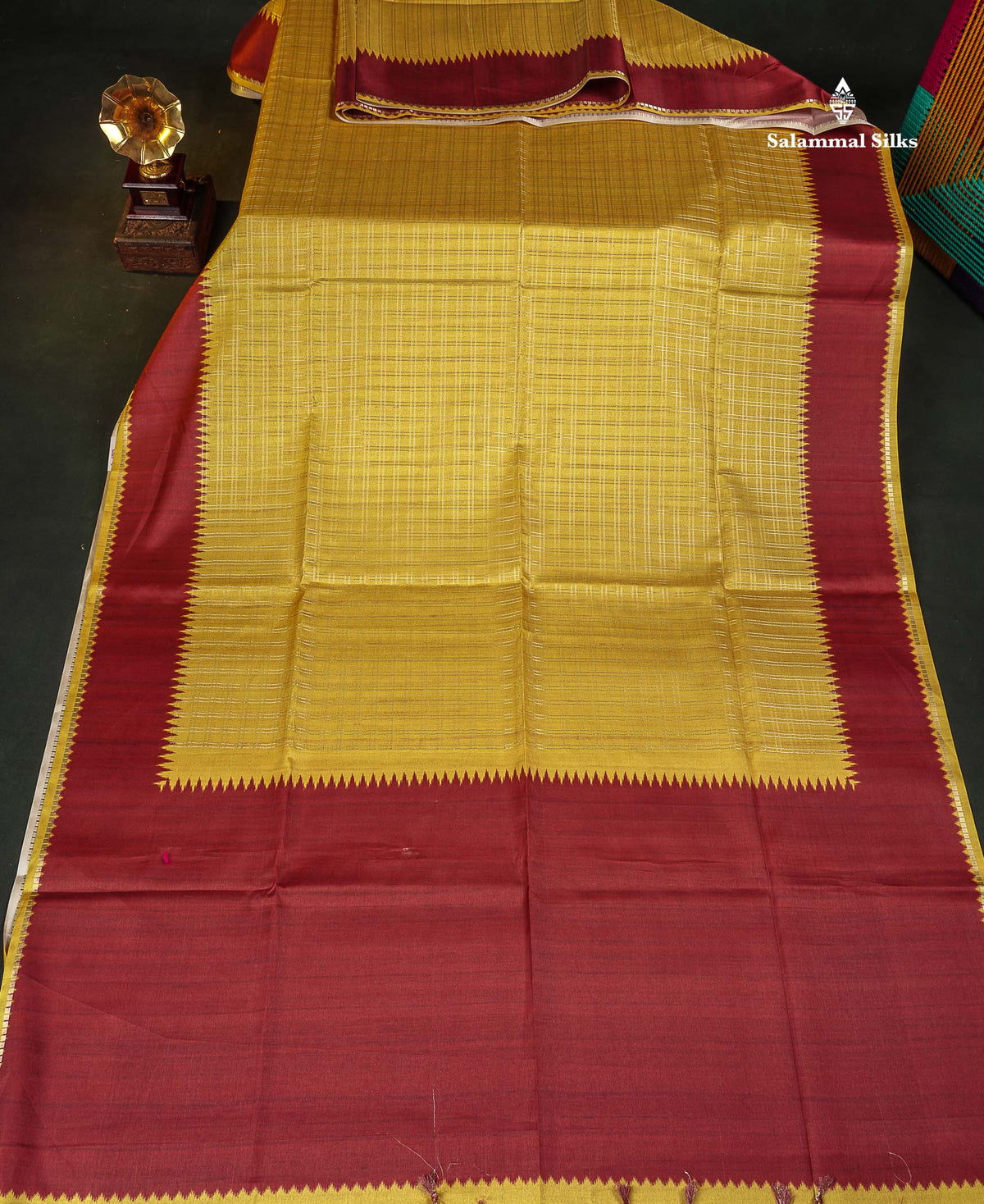 Semi Tussar Saree - Yellow Colour Body With Contrast Maroon Border
