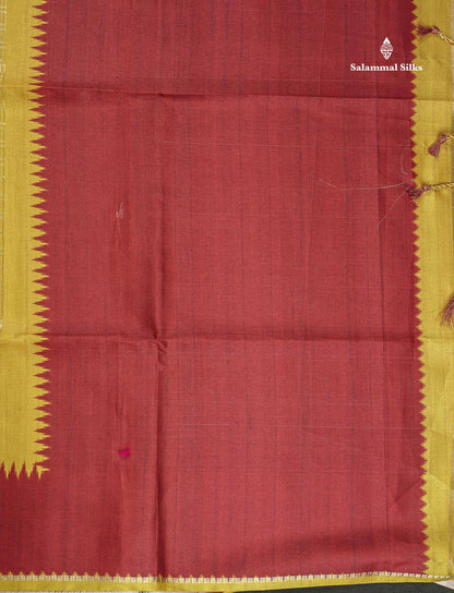 Semi Tussar Saree - Yellow Colour Body With Contrast Maroon Border