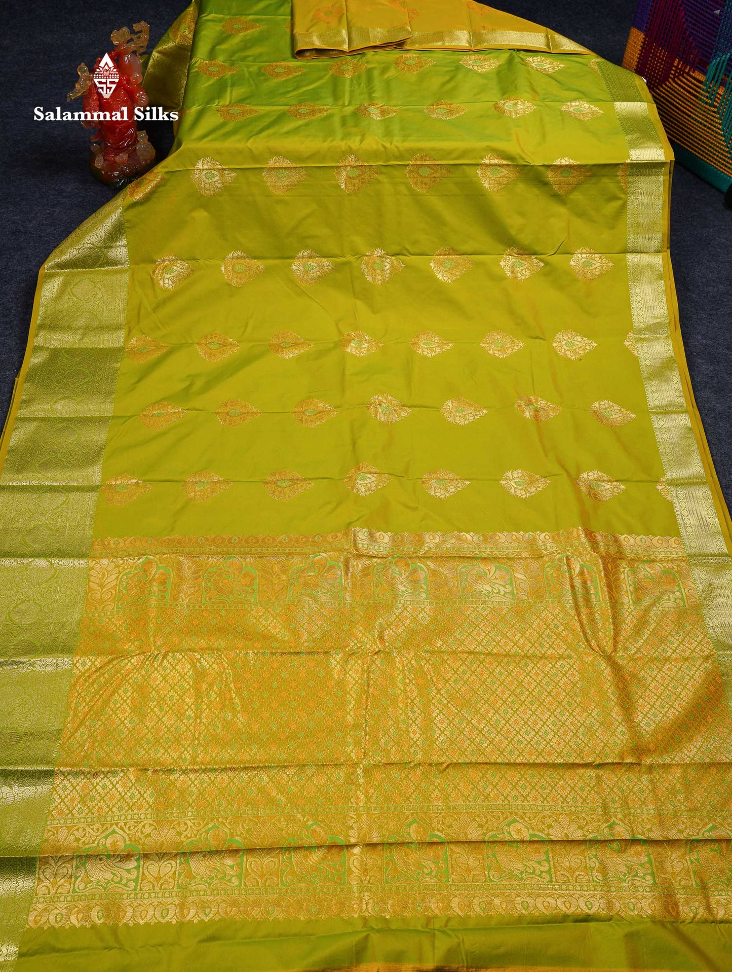 Beautiful Dual Tone Parrot Green Semi Silk Saree With Traditional Evening Morning Border