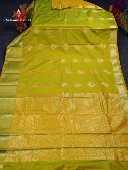 Beautiful Dual Tone Parrot Green Semi Silk Saree With Traditional Evening Morning Border