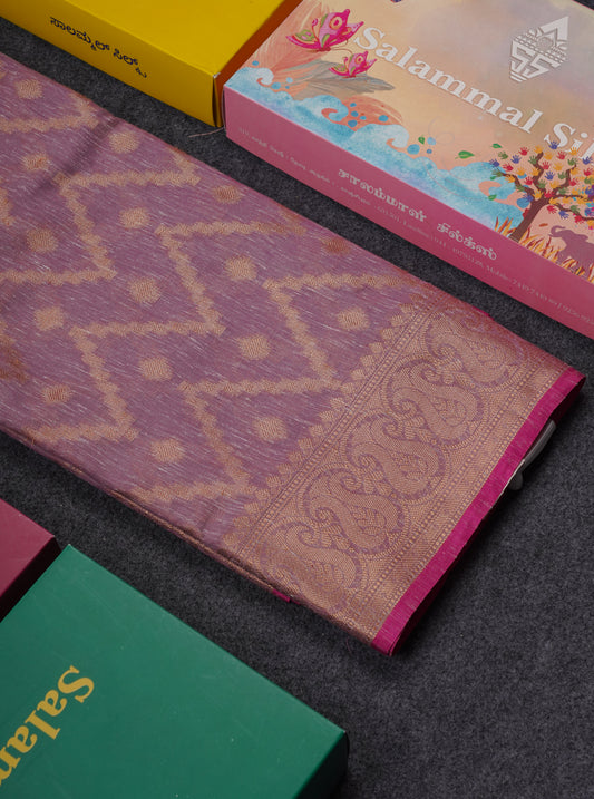 Beautiful Light Violet Linen Cotton Mix Fancy Saree With Contrast Pink Blouse