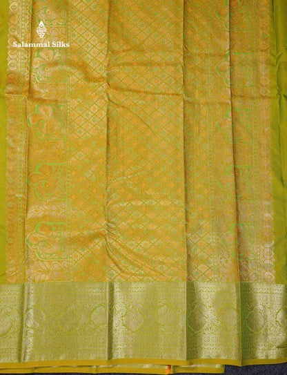 Beautiful Dual Tone Parrot Green Semi Silk Saree With Traditional Evening Morning Border