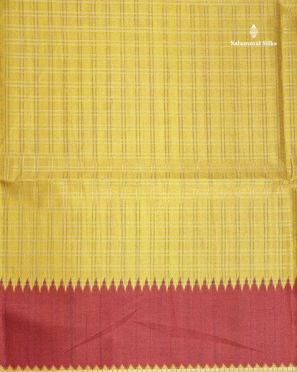 Semi Tussar Saree - Yellow Colour Body With Contrast Maroon Border