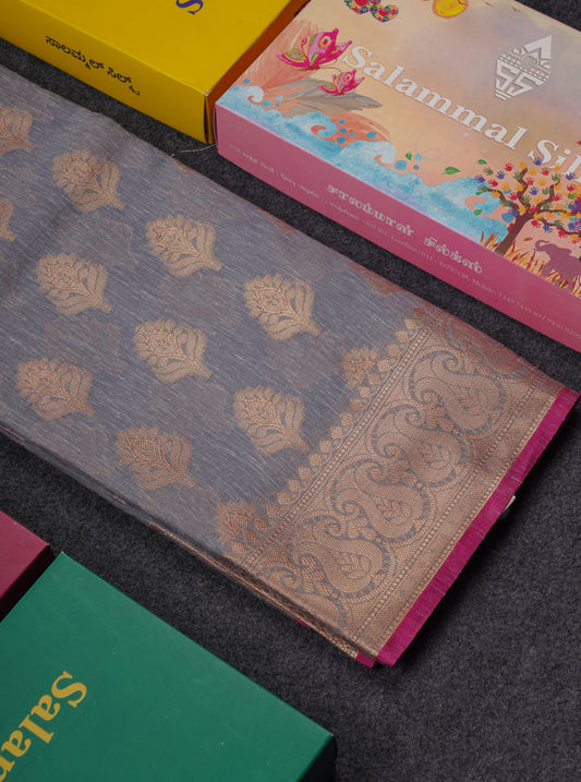 Beautiful Grey Linen Cotton Mix Fancy Saree With Contrast Pink Blouse