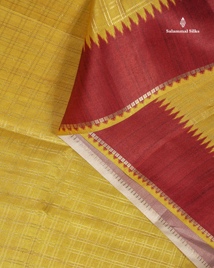 Semi Tussar Saree - Yellow Colour Body With Contrast Maroon Border