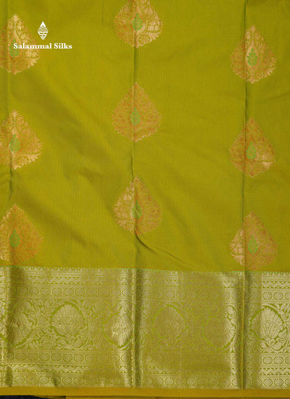 Beautiful Dual Tone Parrot Green Semi Silk Saree With Traditional Evening Morning Border