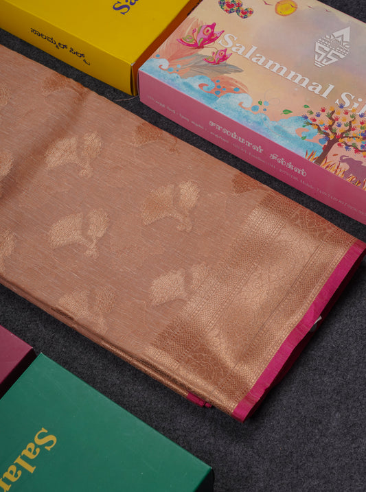 Beautiful Dark Sandal Linen Cotton Mix Fancy Saree With Contrast Pink Blouse