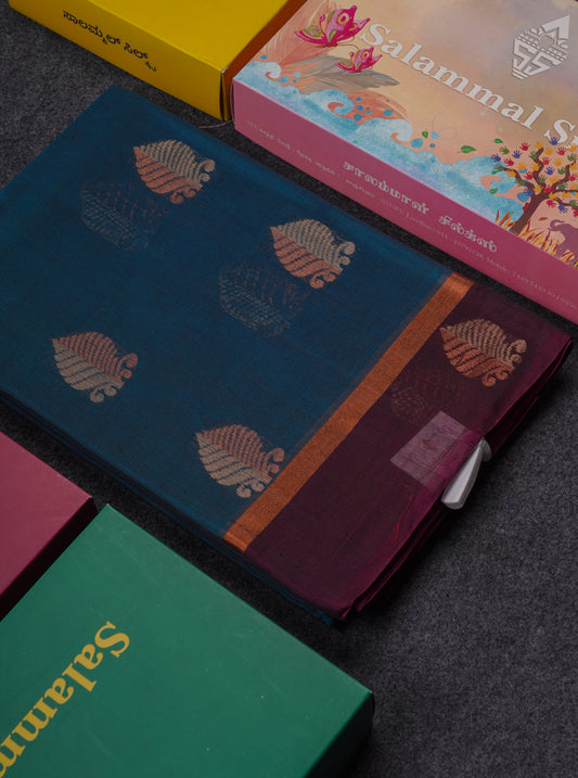 Beautiful Peacock Blue SICO Cotton Saree With Contrast Dark Magenta Blouse