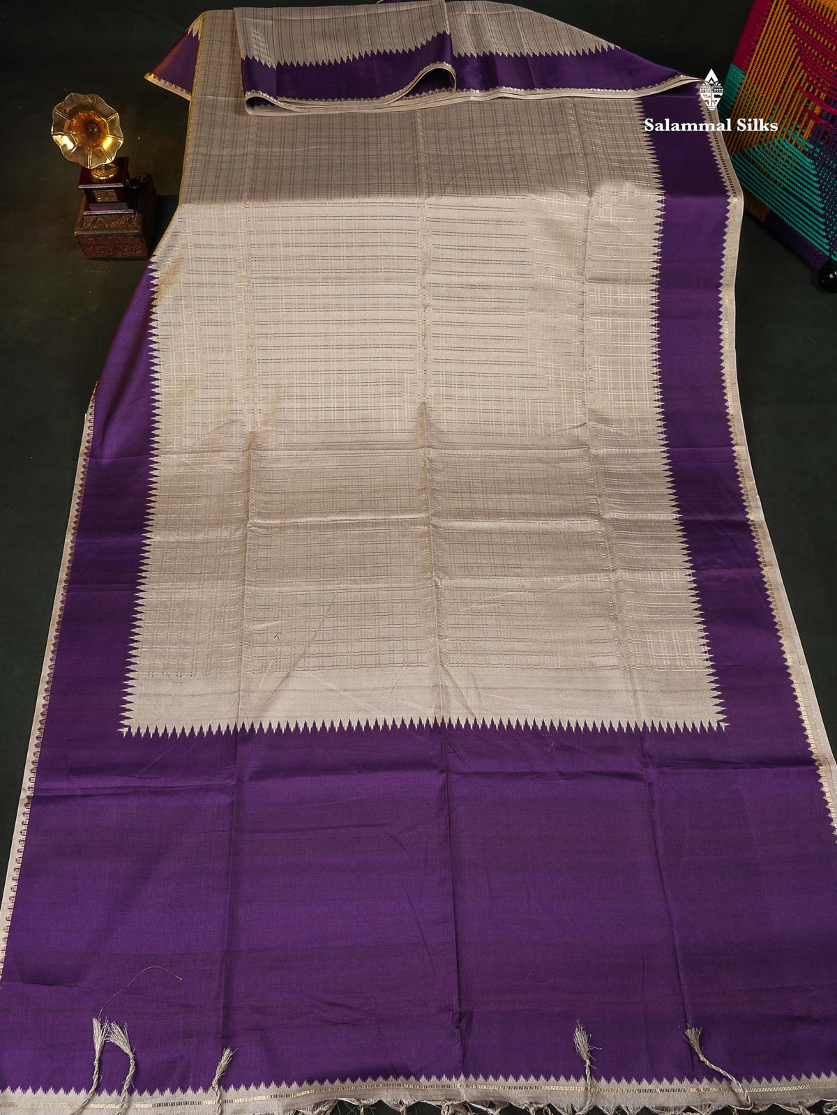 Semi Tussar Saree - Beige Colour Body With Contrast Purple Border
