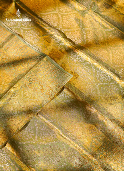 Beautiful Light Green Tissue Bridal Pure Kanjivaram Silk Saree With Contrast Moss Green Fancy Border