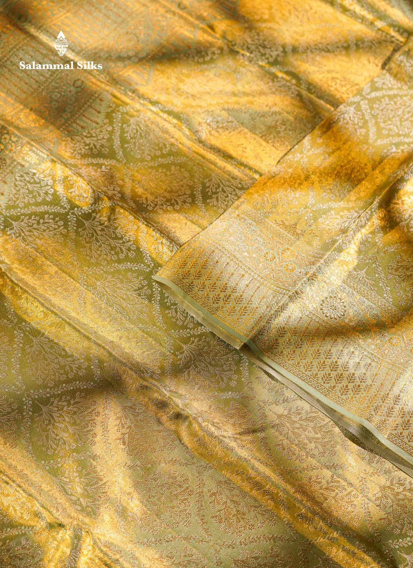 Beautiful Light Green Tissue Bridal Pure Kanjivaram Silk Saree With Contrast Moss Green Fancy Border