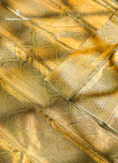 Beautiful Light Green Tissue Bridal Pure Kanjivaram Silk Saree With Contrast Moss Green Fancy Border
