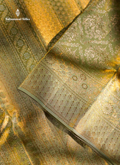 Beautiful Light Green Tissue Bridal Pure Kanjivaram Silk Saree With Contrast Moss Green Fancy Border