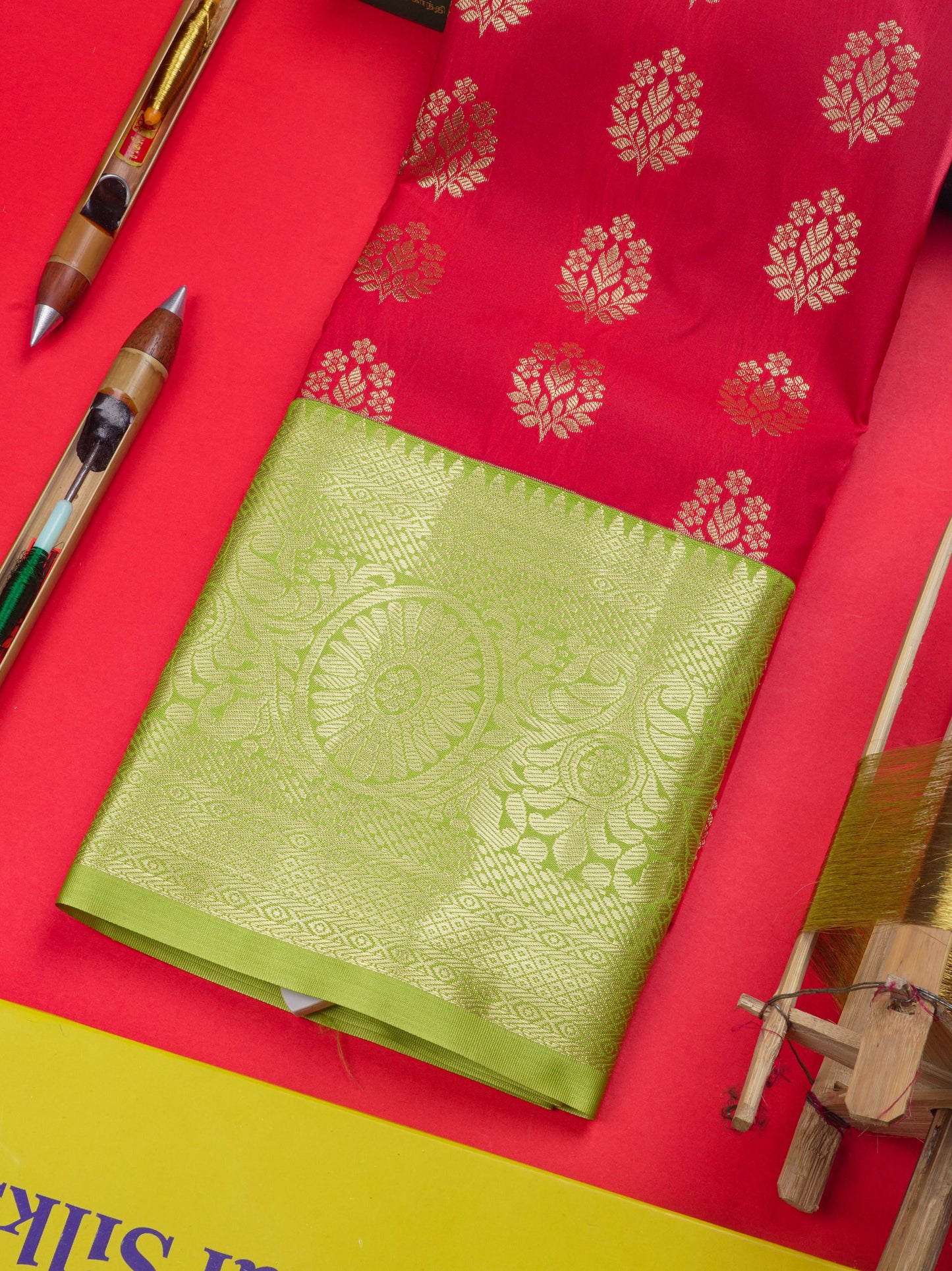 Semi Silk Pattu Pavadai ( Chilly Red ) With Parrot Green Blouse 36"