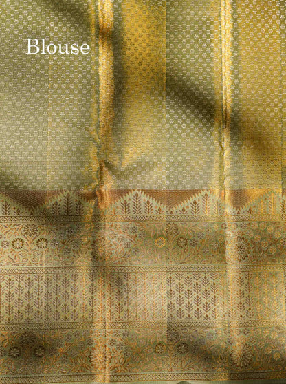 Beautiful Light Green Tissue Bridal Pure Kanjivaram Silk Saree With Contrast Moss Green Fancy Border