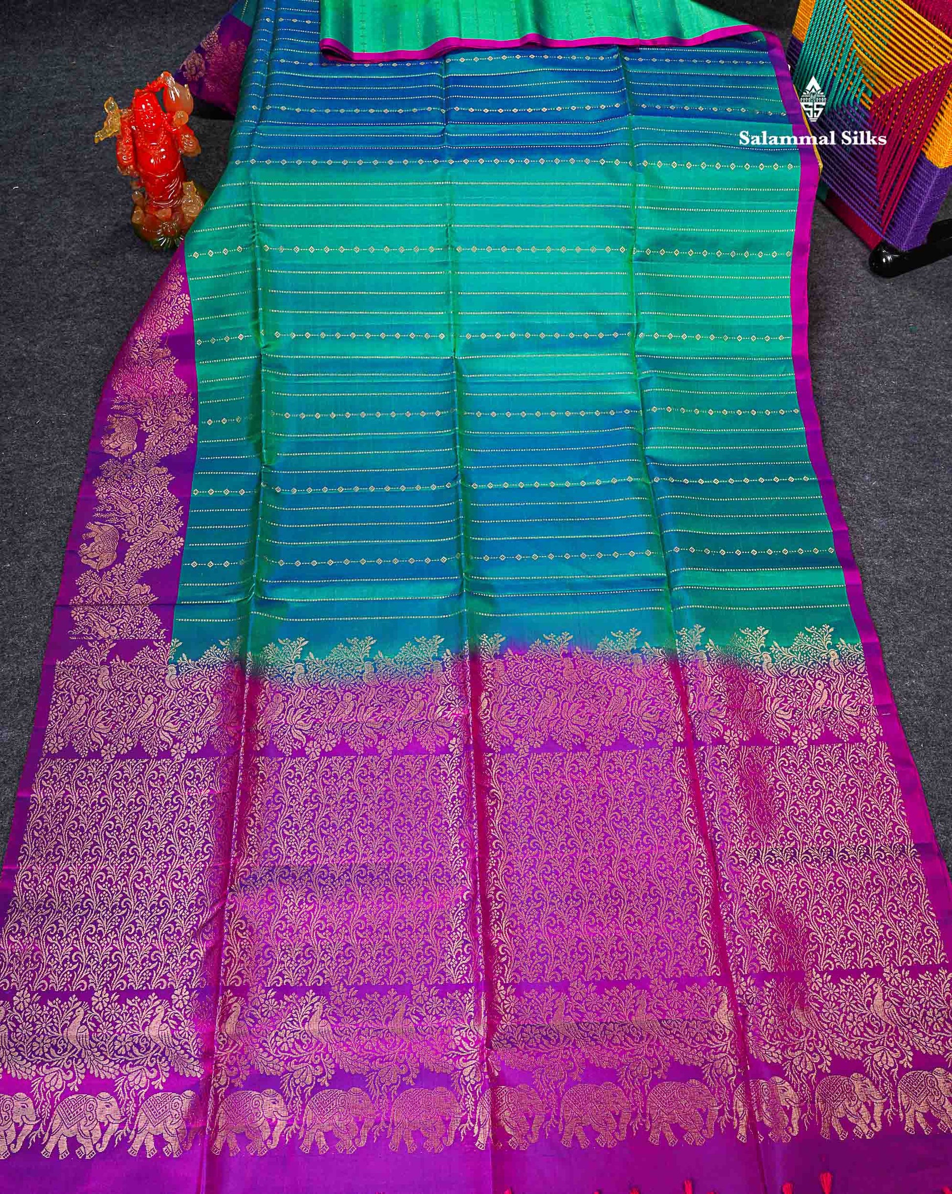 Pure Mix Soft Silk Saree - Dual Tone Sapphire Green Colour Body With Contrast Purple Fancy Border 