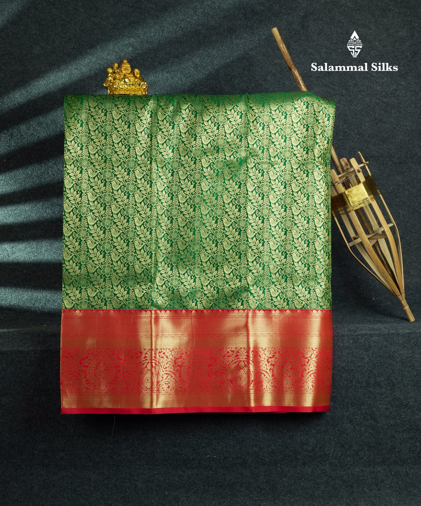Semi Silk Pattu Pavadai (Bottle Green) With Red Blouse 44"