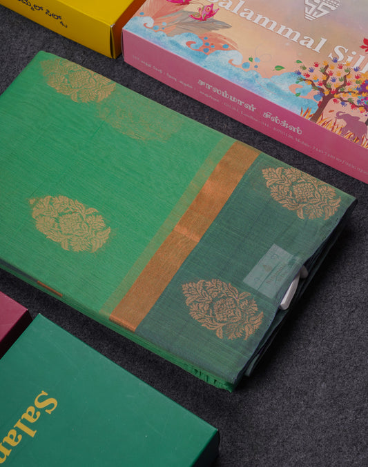 Beautiful Elaichi Green SICO Cotton Saree With Contrast Navy Blue Blouse