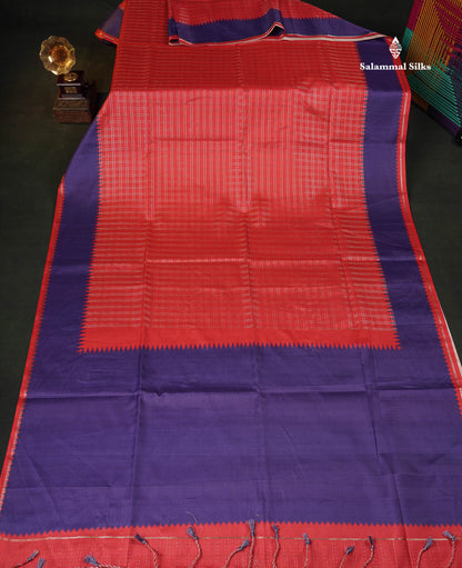 Semi Tussar Saree - Red Colour Body With Contrast Violet Border