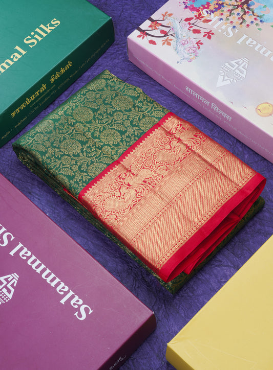 Beautiful Korvai Bottle Green Pure Kanjivaram Silk Saree (2G) Zari With Contrast Chilly Red Border