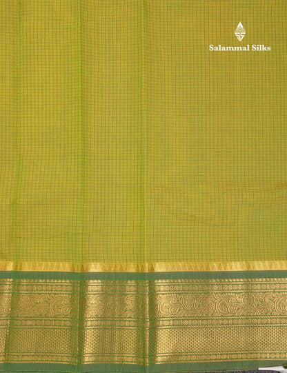 Beautiful Light Yellow Small Checks Pure Cotton Saree With Contrast Light Green Traditional Border
