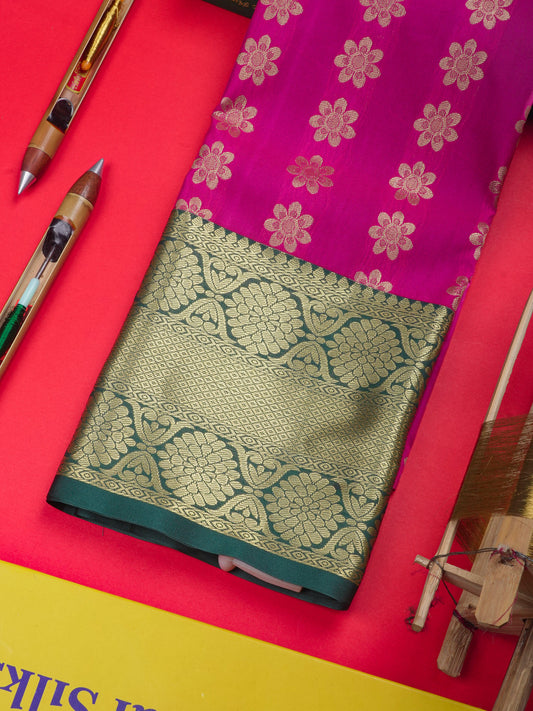 Semi Silk Pattu Pavadai ( Magenta Pink ) With Bottle Green Blouse 36"