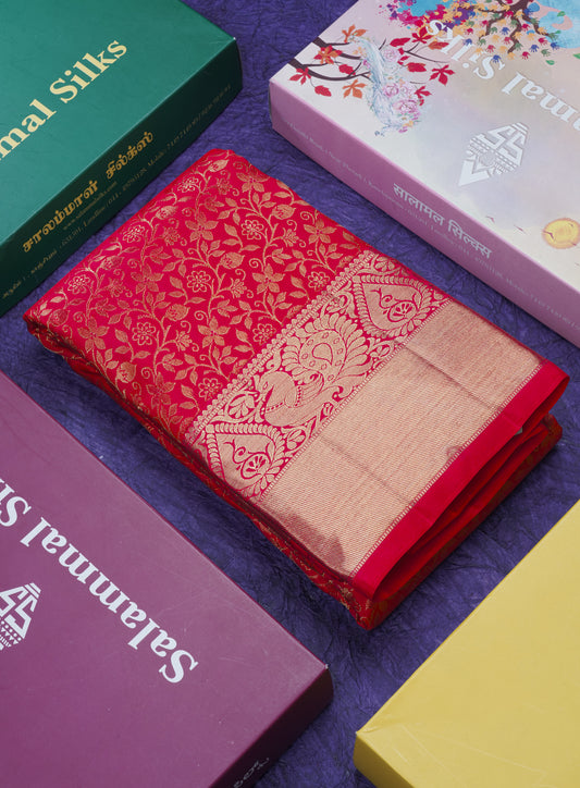 Reddish Pink Pure Kanjivaram Silk Saree 3G Zari with Traditional Gold Zari Border
