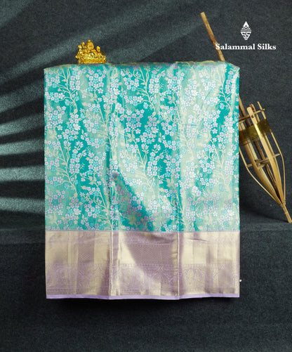 Semi Silk Pattu Pavadai Tissue (Sea Blue) With Lavender Blouse 44"
