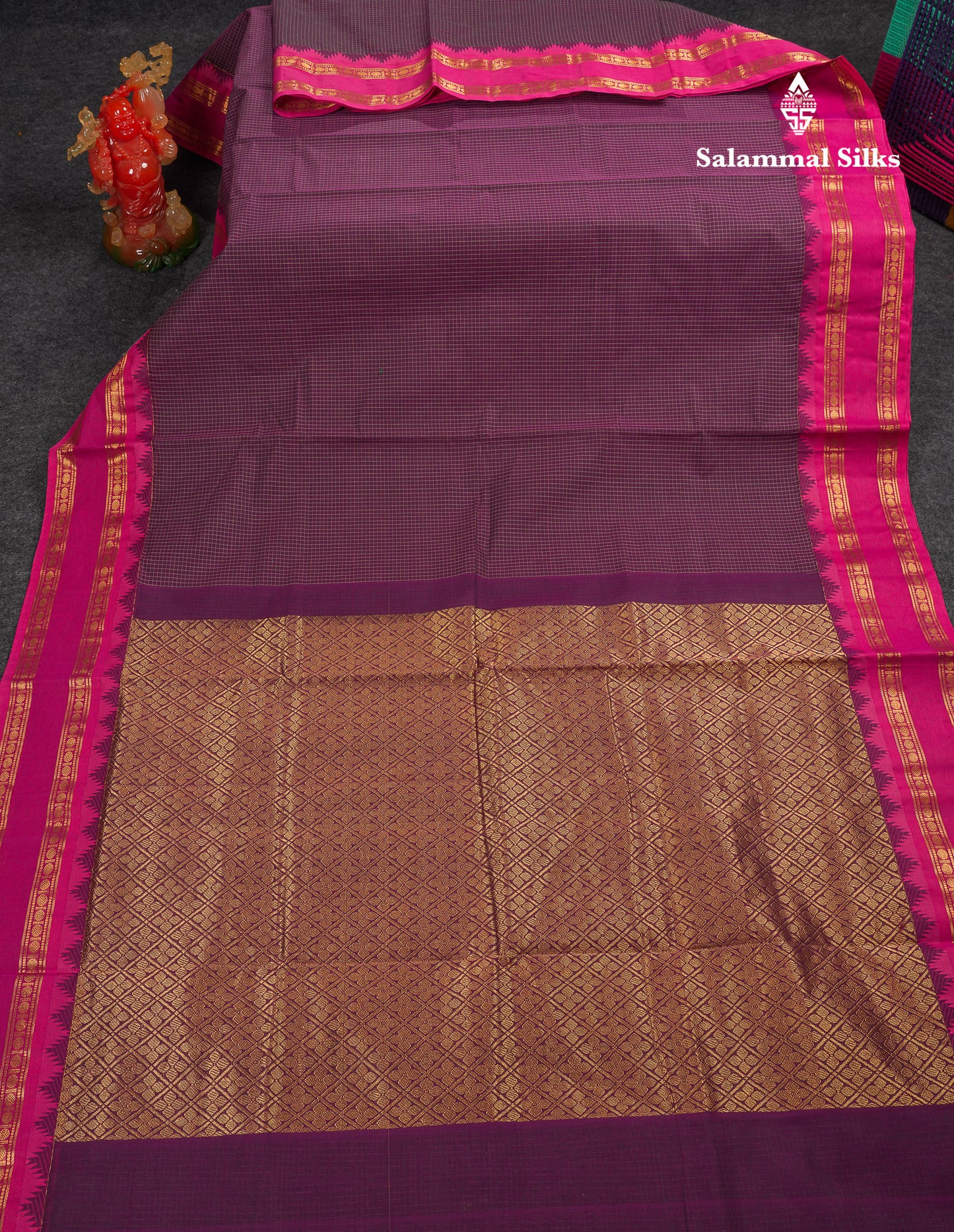 Beautiful Cream Sandal Small Checks Pure Cotton Saree With Contrast Brown Traditional Rettapet & Temple Border