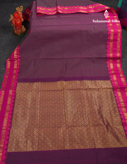 Beautiful Cream Sandal Small Checks Pure Cotton Saree With Contrast Brown Traditional Rettapet & Temple Border