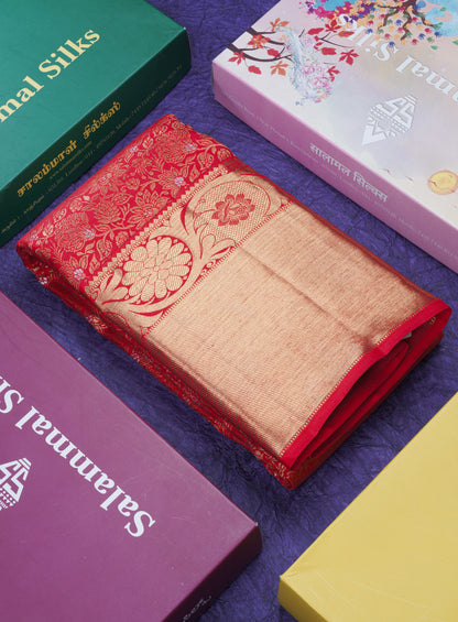 Beautiful Meenakarai Work Chilly Red Pure Kanjivaram Silk Saree Pure Zari (3G) with Gold Zari Long Border