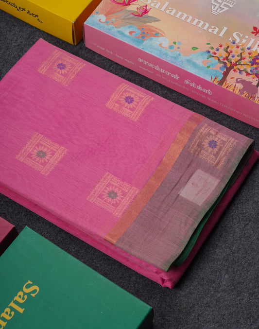 Light Pink Menakari Work SICO Cotton Saree With Contrast Bottle Green Blouse