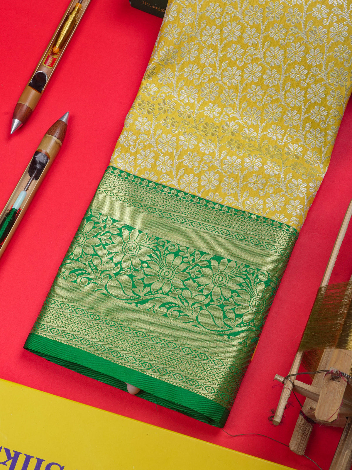 Semi Silk Pattu Pavadai ( Yellow ) With Green Blouse 36"
