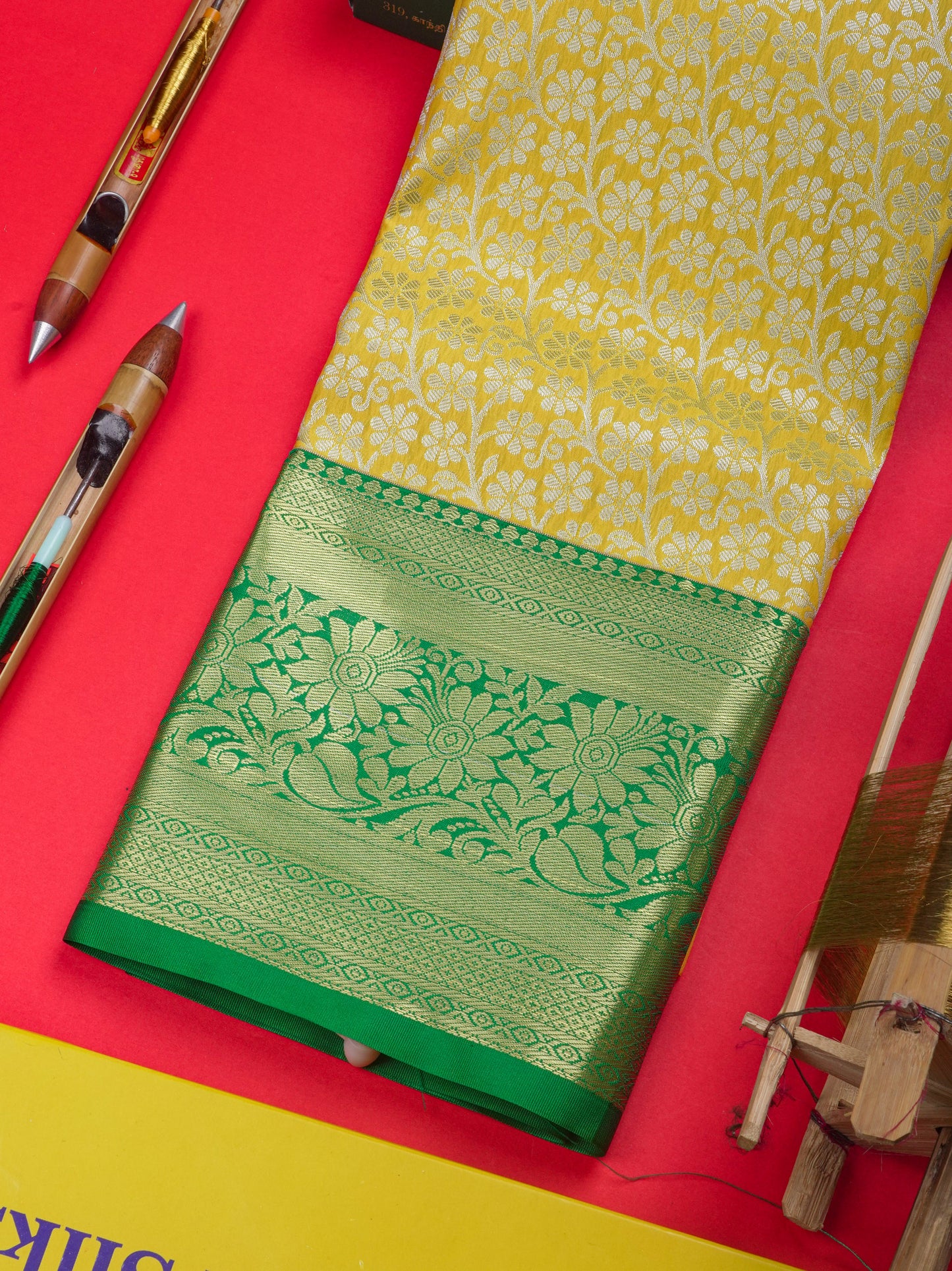 Semi Silk Pattu Pavadai ( Yellow ) With Green Blouse 36"